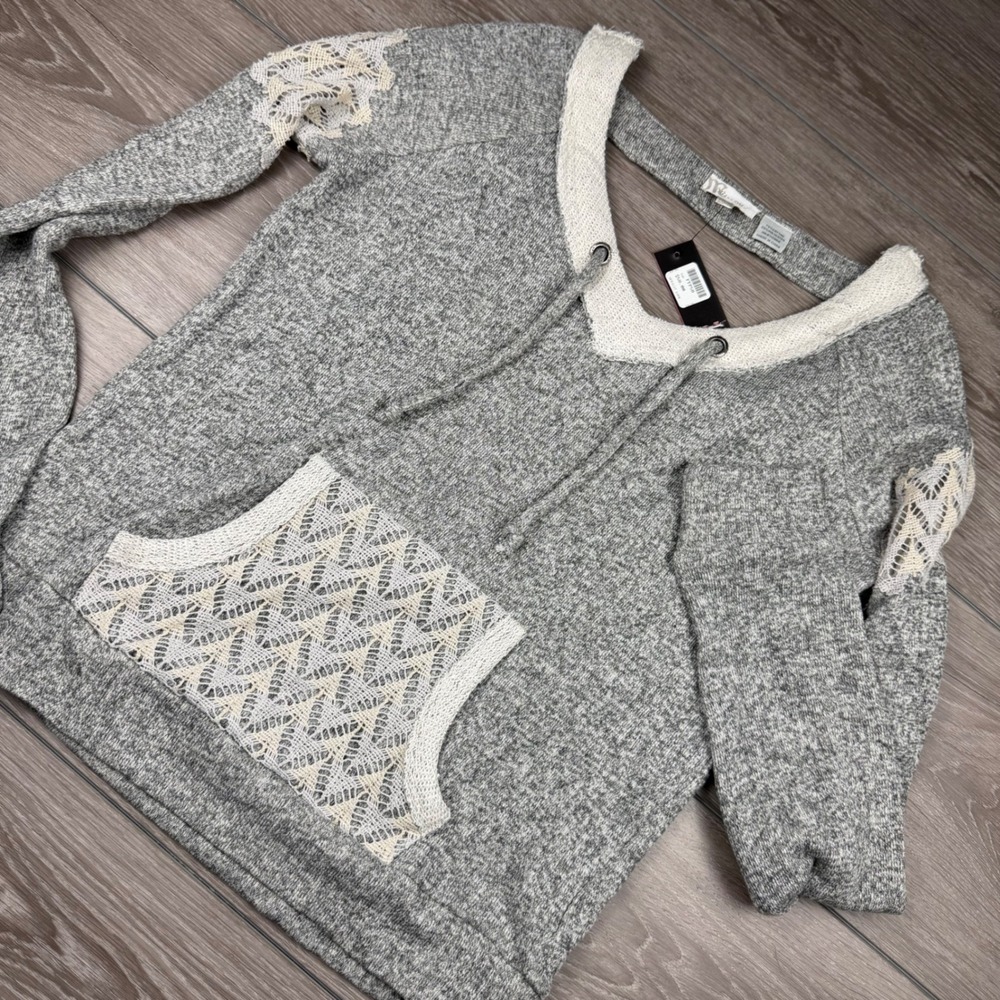 Miss Me Womens Sweatshirt Lace Inset V-Neck Pullover Gray Large New